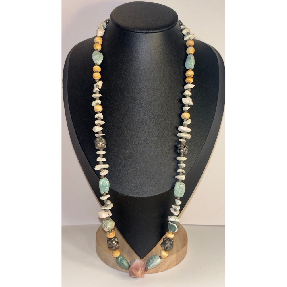 Vintage Southwest Mixed Stone Boho Necklace Ornate Metal Beads 26 Inch